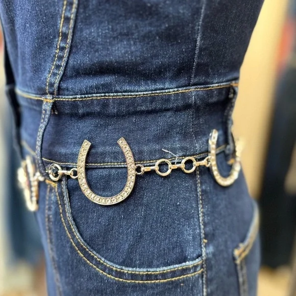 NEW ! WESTERN RHINESTONE HORSESHOE WAIST CONCHO CHAIN BELT - Picture 6 of 8